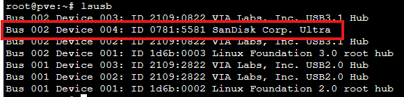 lsusb command output showing USB devices