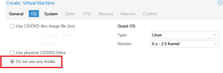 VM OS tab - select "Do not use any media"